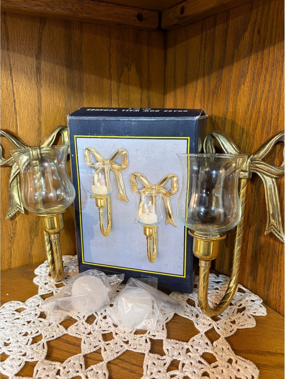 NOS Vintage Brass Bow Ribbon Wall Sconces Pair In Box Glass Candle Holders
